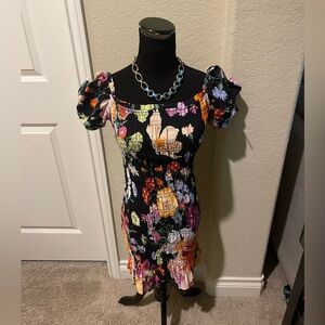H&M Multicolor Fitted Floral Dress with Puff Sleeves